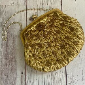 Vintage Beaded Gold Kiss Lock Evening Bag – Made in Hong Kong, 6.5”x5.5”